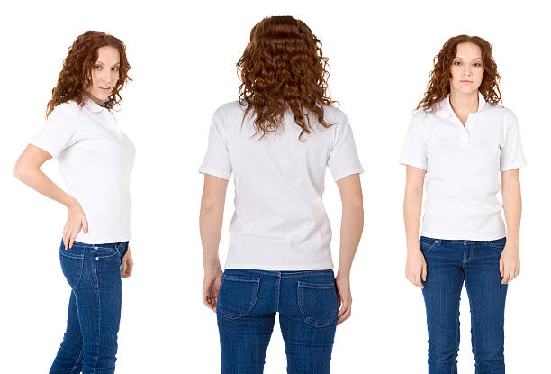 redhead woman in white polo shirt and jeans (Multiple angles) stock photo