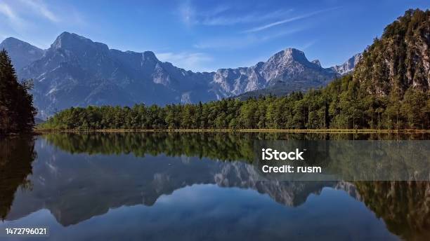 Summer Morning Panorama Of Lake Alm In Salzkammergut Austria Stock Photo - Download Image Now