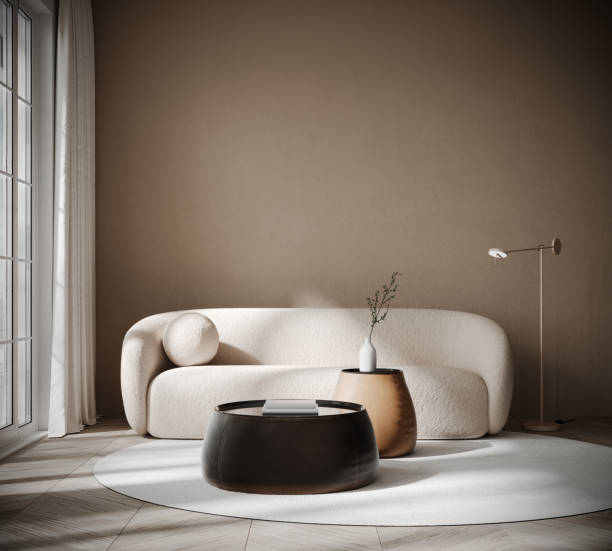 istock Modern interior design of living room with white sofa and empty wall background. 1472797499