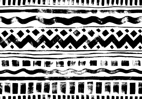 Hand drawn tribal and ethnic seamless pattern. Vector tribal design monochrome background with horizontal stripes, zig zag and wavy lines, dahses and squares. Aztec abstract geometric ornament.