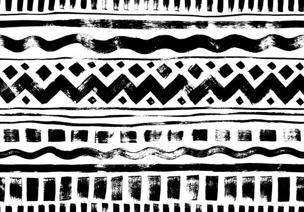 Hand drawn tribal and ethnic seamless pattern. Hand drawn tribal and ethnic seamless pattern. Vector tribal design monochrome background with horizontal stripes, zig zag and wavy lines, dahses and squares. Aztec abstract geometric ornament. indigenous culture stock illustrations