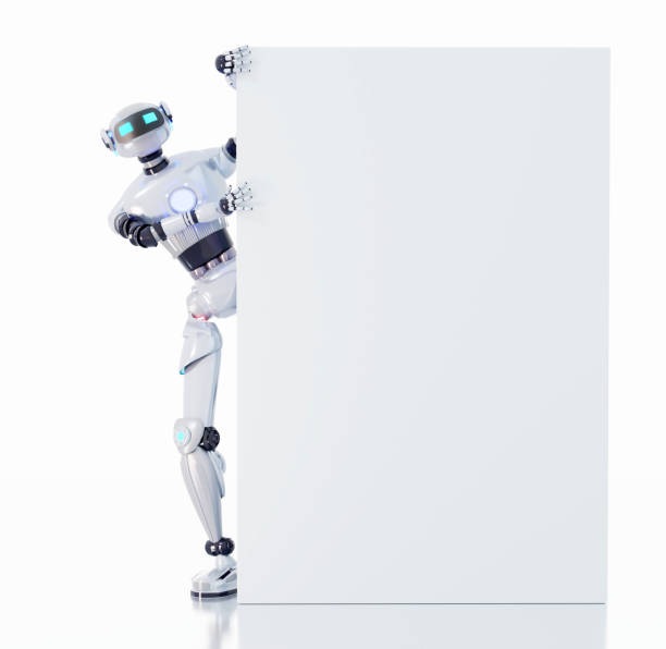 istock White robot looking to camera and holding background with space for text,  3D rendering illustration isolated on white background. Technology concept 1472801343
