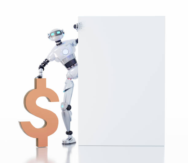 istock White robot looking to camera and holding background with space for text,  3D rendering illustration isolated on white background. Technology and business concept 1472801345