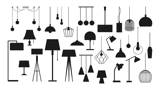 Lamp for room lighting. Vector icon set of silhouette pendant chandelier, table and floor lamp, chandeliers, bulbs, illuminator. Elements for modern home interior in flat cartoon style.Furniture icons