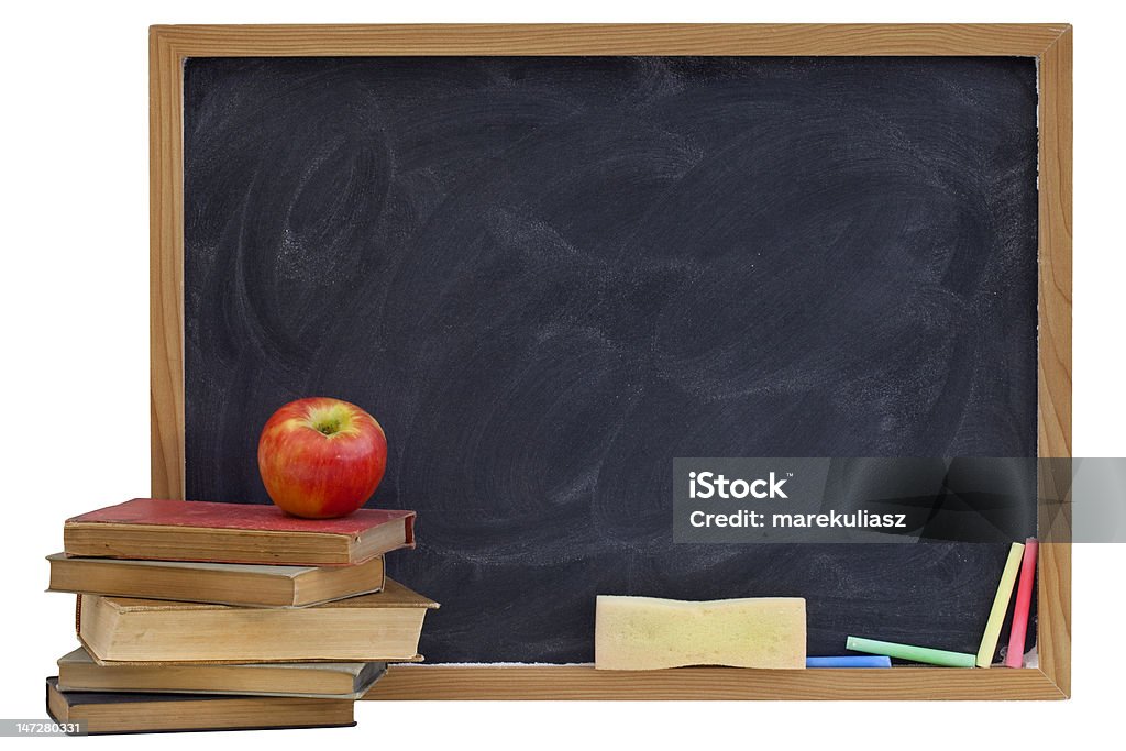 Tafel mit alten Lehrbüchern und apple - Lizenzfrei Alt Stock-Foto