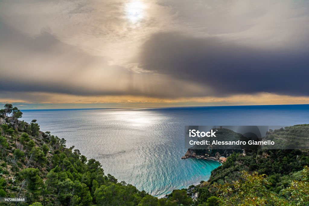 From Varigotti to Noli: a journey between the two pearls of western Liguria A few kilometers from Savona a fabulous path in the middle of nature connects these two fabulous villages destination for many tourists Bay of Water Stock Photo