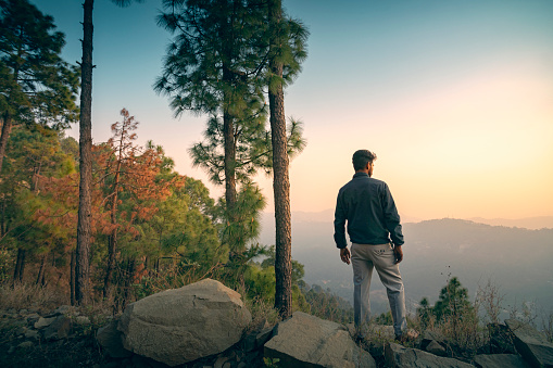 An Asian/Indian young man looks at the sunset view standing on a rock in the tranquil mountain of Himachal Pradesh, India.