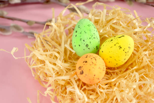 istock Against a pink background lie painted easter eggs in a nest next to willow branches. Easter composition - eggs in the nest. Colored eggs in the nest. Small quail eggs are painted. 1472804589