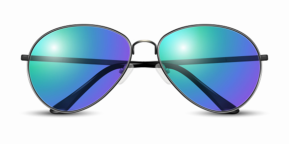 Vector 3d Realistic Modern Unisex Frame Glasses. Black Color Frame. Purple and Blue Transparent Sunglasses for Women and Men, Accessory. Optics, Lens, Vintage, Trendy Glasses. Front View.