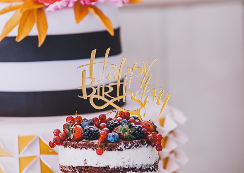 Detail sign of Happy birthday text on cake with blueberry and red berries fruit.