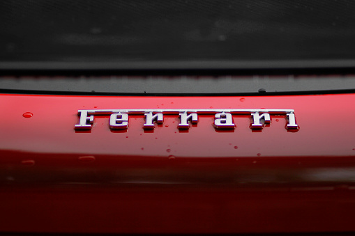 Jakarta, Indonesia, Nov 17, 2017. The Ferrari logo on one part of legendary Italian luxury sports car.