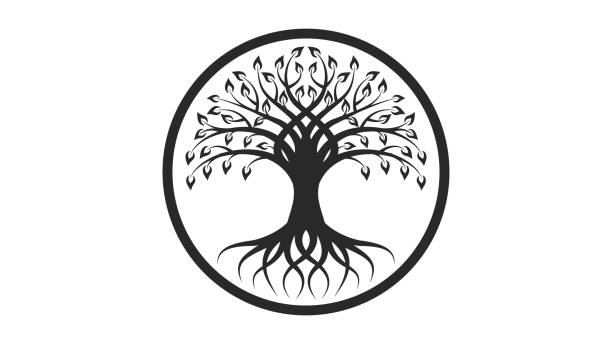 yggdrasil schwarze silhouette auf weißem hintergrund - tree environment oak tree symbol stock-grafiken, -clipart, -cartoons und -symbole