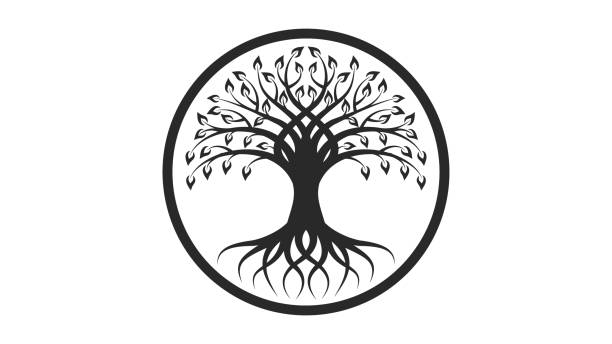 Yggdrasil black silhouette on a white background Yggdrasil black silhouette on a white background tree of life stock illustrations