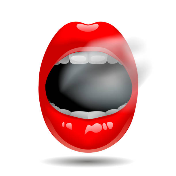 istock Female open mouth with red sexy glossy lips and blowing smoke isolated on white 1472807007
