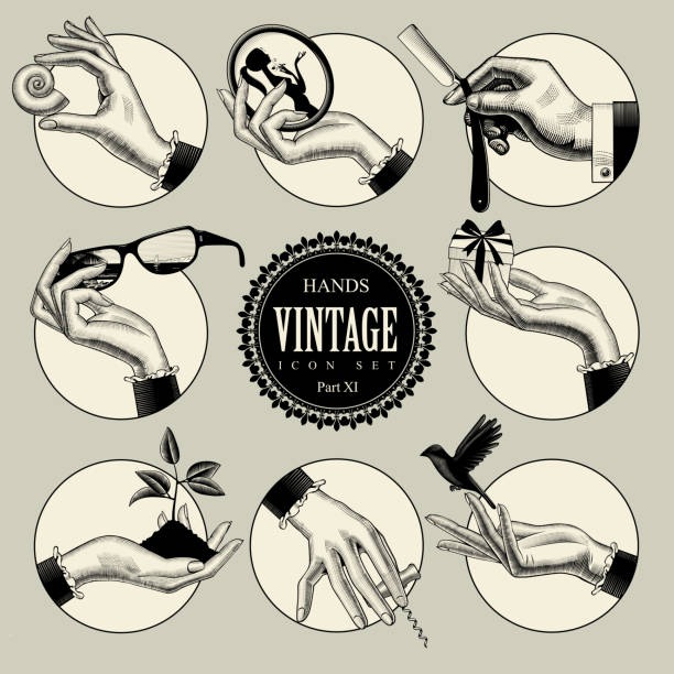 Set of round icons in vintage engraving style with hands and accessories. Retro business icons. Vector illustration