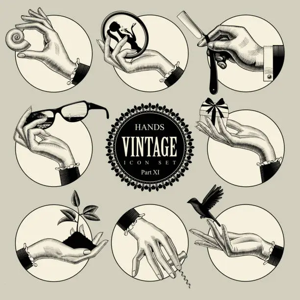 Vector illustration of Set of round icons in vintage engraving style with hands and accessories