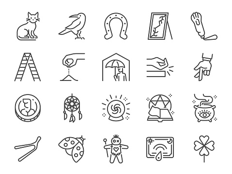 Superstitions icon set. It included icons such as a crow, cat, ladder, broken mirror, salt, and more.