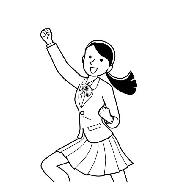 Vector illustration of A high school girl who jumps with a guts pose