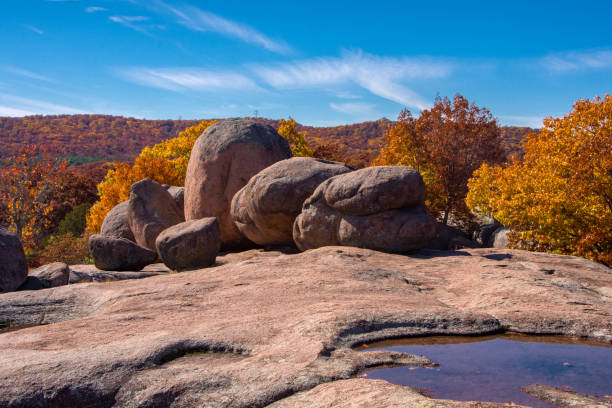 Elephant Rocks SP - Jumbled Granite Boulders & Autumn Trees stock photo
