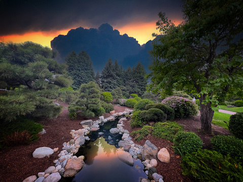 These gardens are typically inspired by traditional Japanese culture and aesthetics, which emphasize the beauty of simplicity, asymmetry, and the natural world.

One of the defining features of a Japanese garden is the use of rocks and water to create a sense of balance and harmony. Large rocks and boulders are often strategically placed throughout the garden to represent mountains or islands, while ponds or streams are incorporated to represent the ocean or a river.

Plants are also an important element of Japanese gardens, and are carefully chosen and arranged to complement the natural landscape. Traditional Japanese plants such as cherry blossom trees, Japanese maples, bamboo, and moss are often featured, along with carefully pruned trees and shrubs that create a sense of order and symmetry.

Bridges, stepping stones, and lanterns are also common features in Japanese gardens, adding to the overall sense of balance and tranquility. These elements are often placed in specific locations to create a sense of movement and encourage visitors to explore the garden and experience its beauty from different perspectives.

In summary, a Japanese garden landscape is a carefully crafted and harmonious space that combines natural elements with traditional Japanese design principles to create a serene and tranquil environment that is both beautiful and calming.