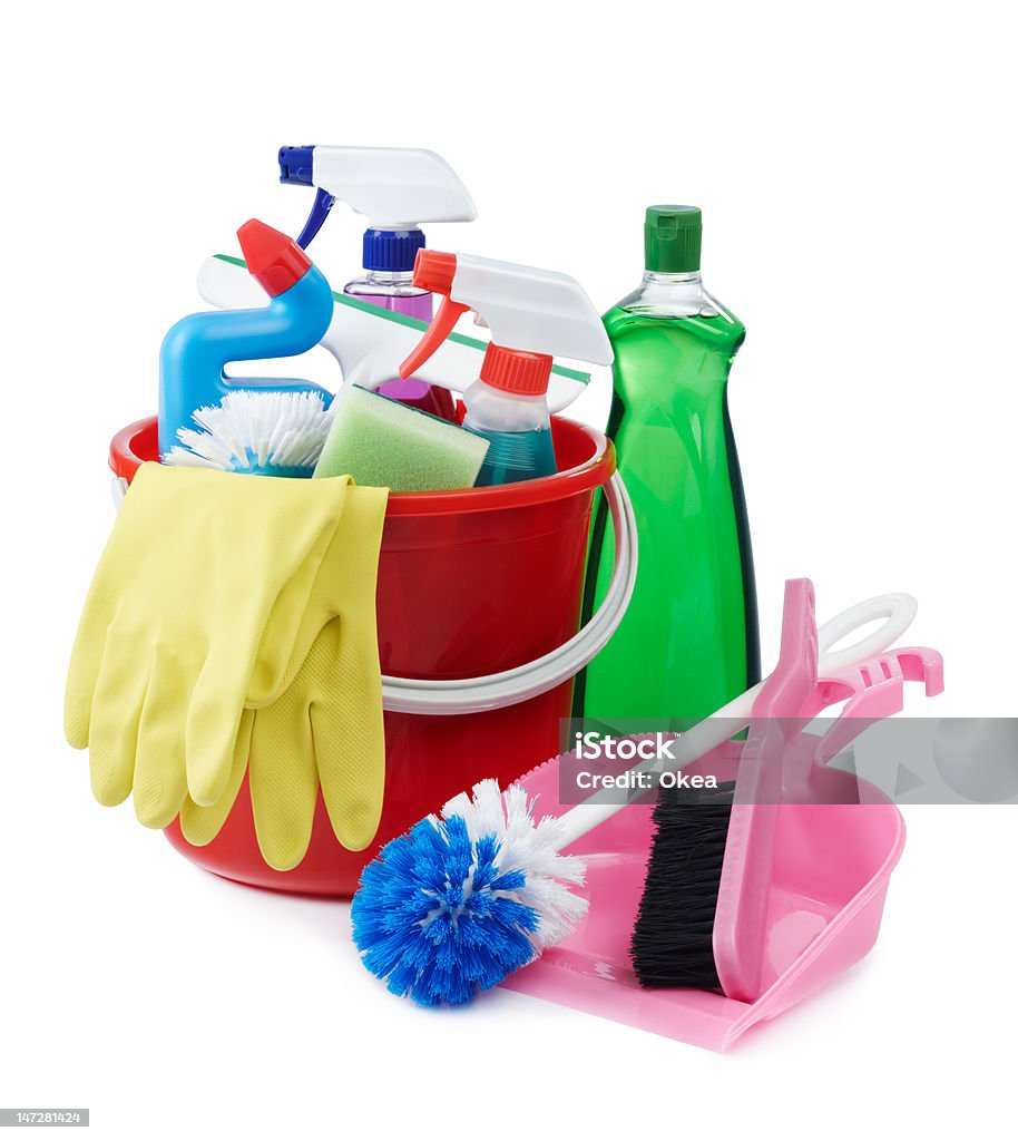 cleaning equipment variety of cleaning products on white background Bath Sponge Stock Photo