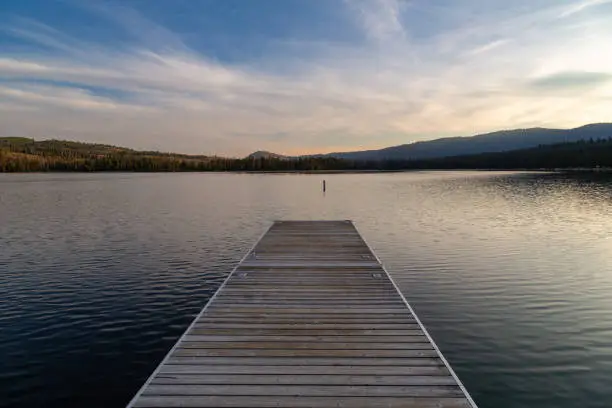 Dock in Redfish Lake in the Sawtooth Mountains near Sun Valley, Idaho