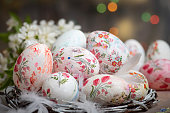 Decoupage decorated Easter eggs white eggs