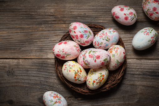 Decoupage decorated Easter eggs on the table