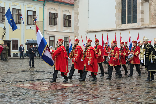 Zagreb, Croatia - October 8, 2018: Ceremony of the Changing of the Guards at St. Mark's Square during the celebration of Croatian Independence Day.