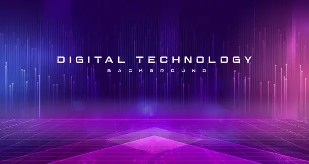 Vector illustration of Digital technology metaverse neon blue pink background, cyber information, abstract speed connect communication, innovation future meta tech, internet network connection, Ai big data, illustration 3d