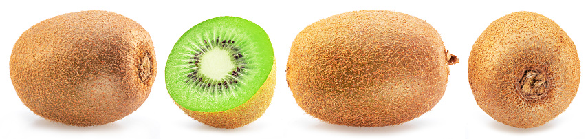 Set of kiwi fruit and cross cut of kiwi isolated on white background.
