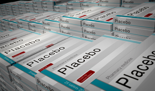 Placebo tablets box production line. Medical treatment and pharmaceutical remedy pills pack factory. Abstract concept 3d rendering illustration.