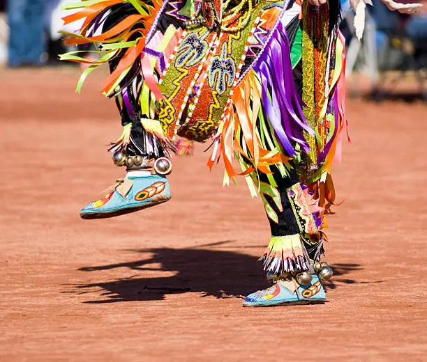 Photo of Colorful costume on the lower half of a pow wow dancer