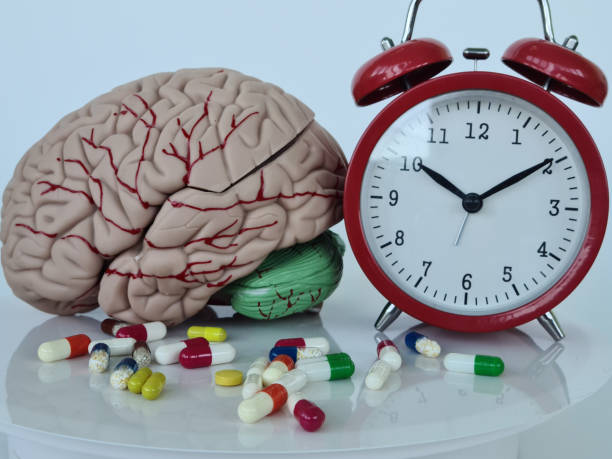 Alarm clock pills and brain anatomy and insomnia treatment Alarm clock pills and brain anatomy and insomnia treatment. Alzheimer disease and dementia treatment brain jar stock pictures, royalty-free photos & images