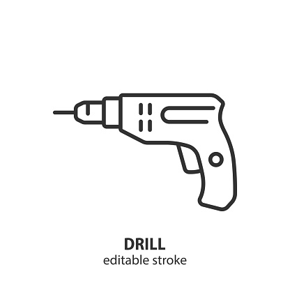 Power drill line icon. Electric tool vector outline symbol. Editable stroke.