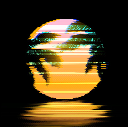 Glitch Art Sunset with Palm Trees, Orange Pink Sun over the Water in Synthwave/Vaporwave vibe 80s art style background. Synthwave, Retrowave Art. Vector Illustration EPS10.