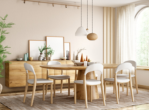 Interior of modern dining room, wooden dining table and chairs in room with window, 3d rendering