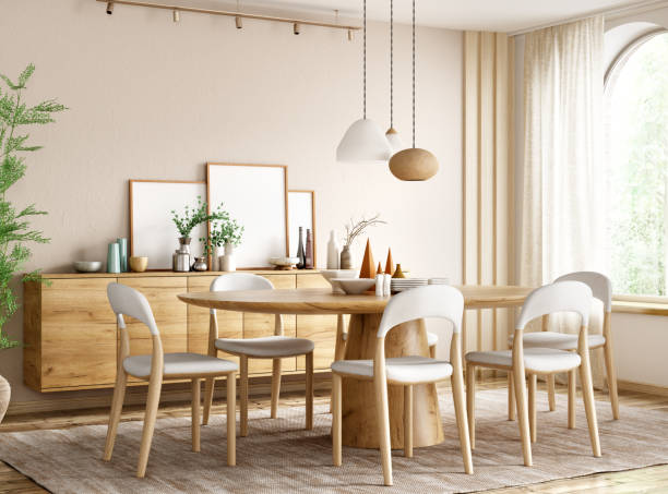 interior of modern dining room, wooden dining table and chairs in room with window, 3d rendering - sala de jantar imagens e fotografias de stock