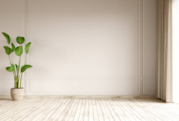 istock Empty room interior background, beige wall, pot with plant, wooden flooring 3d rendering 1472836654
