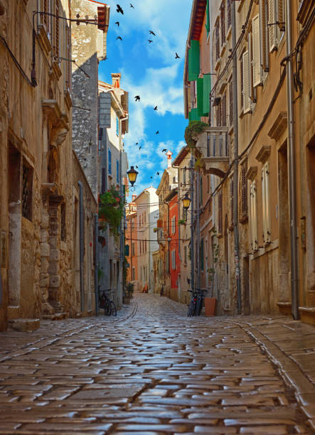 Street of Rovinj with calm, colorful building facades, Istria, Rovinj stock photo