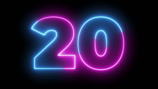 Number 20. Blue and Red Neon Futuristic Effect. Trendy Glow Lighting. 4K Video Animation