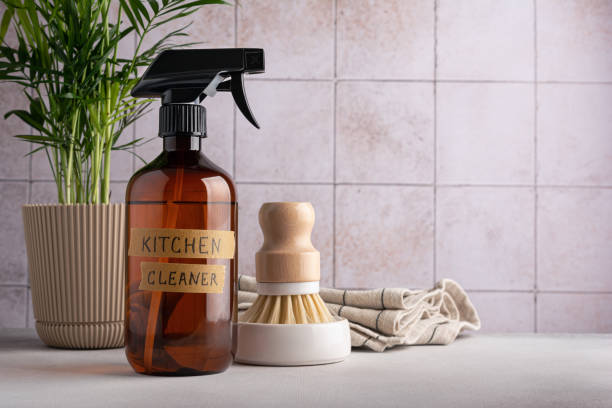 istock Eco-friendly set for cleaning, as dish wash brush and kitchen cleaner 1472845800