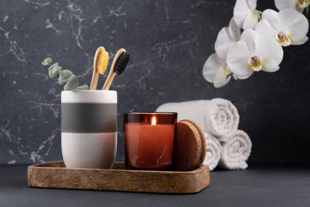 istock Eco friendly bathroom concept with toothbrush and towels 1472846135