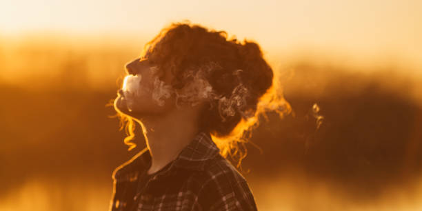 donna riccia che fuma la sigaretta sullo sfondo del tramonto. sagoma - smoking women smoke smoking issues foto e immagini stock