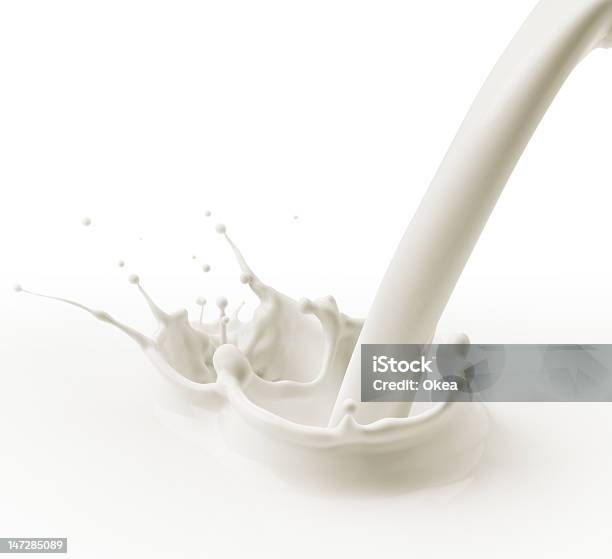 Stream Of Milk Pouring And Splashing On Surface Stock Photo - Download Image Now - Milk, Pouring, Splashing