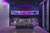 Modern bedroom with a multicolored led strip lights by nigh. 3D illustration.