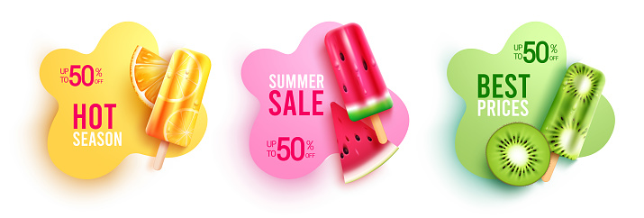 Summer sale vector set. Summer sale, best prices and hot season up to 50 % off promo discount text with tropical fruits and popsicle. Vector illustration summer sale abstract.