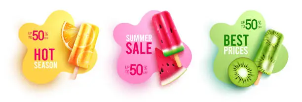 Vector illustration of Summer sale vector set. Summer sale, best prices and hot season up to 50 % off promo discount text with tropical fruits and popsicle.