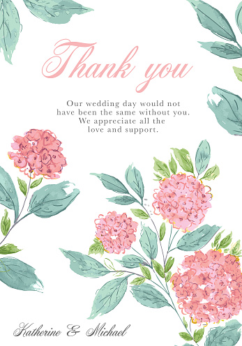Wedding  Thank you card with pink watercolor Hydrangea  flowers. Text is on its own layer for easier removal. Check my portfolio for matching templates. This is a 3.5 x 5