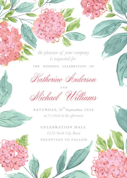 Vector illustration of Pink Watercolor Hydrangea Flowers Wedding  Invitation Template
